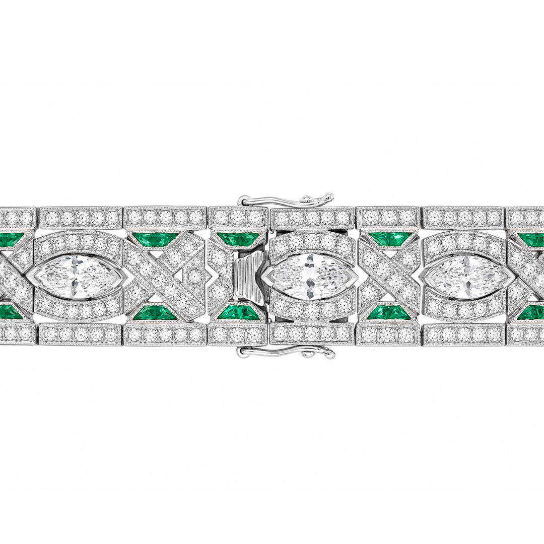 Natural Diamond with Emerald Art Deco Platinum Cocktail Bracelet lock close up