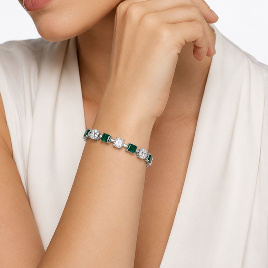 Natural Emerald Cut Green Emerald and Rose Cut Diamond Link Bracelet White Gold on model