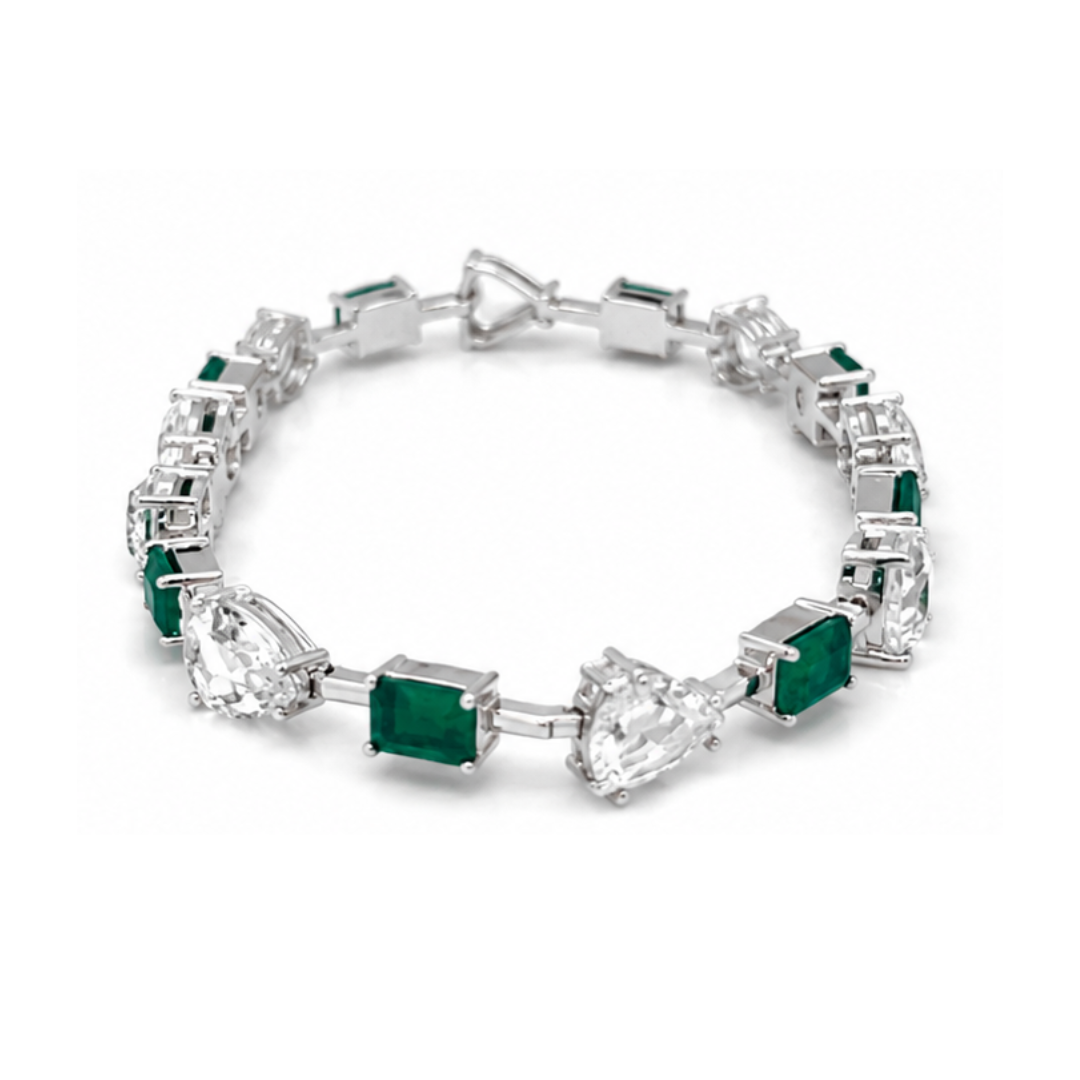 Natural Emerald Cut Green Emerald and Rose Cut Diamond Link Bracelet White Gold side angle