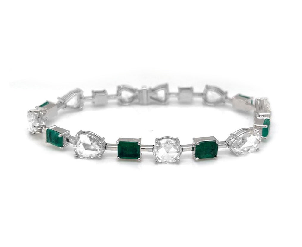 Natural Emerald Cut Green Emerald and Rose Cut Diamond Link Bracelet White Gold