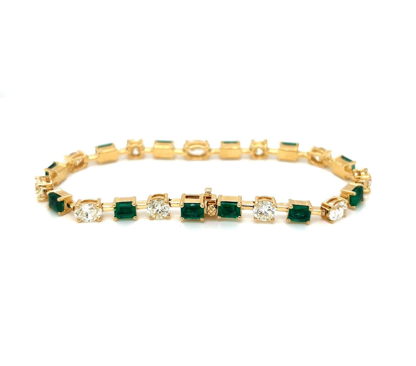 Natural Mined Emerald and Diamond Link Bracelet Yellow Gold