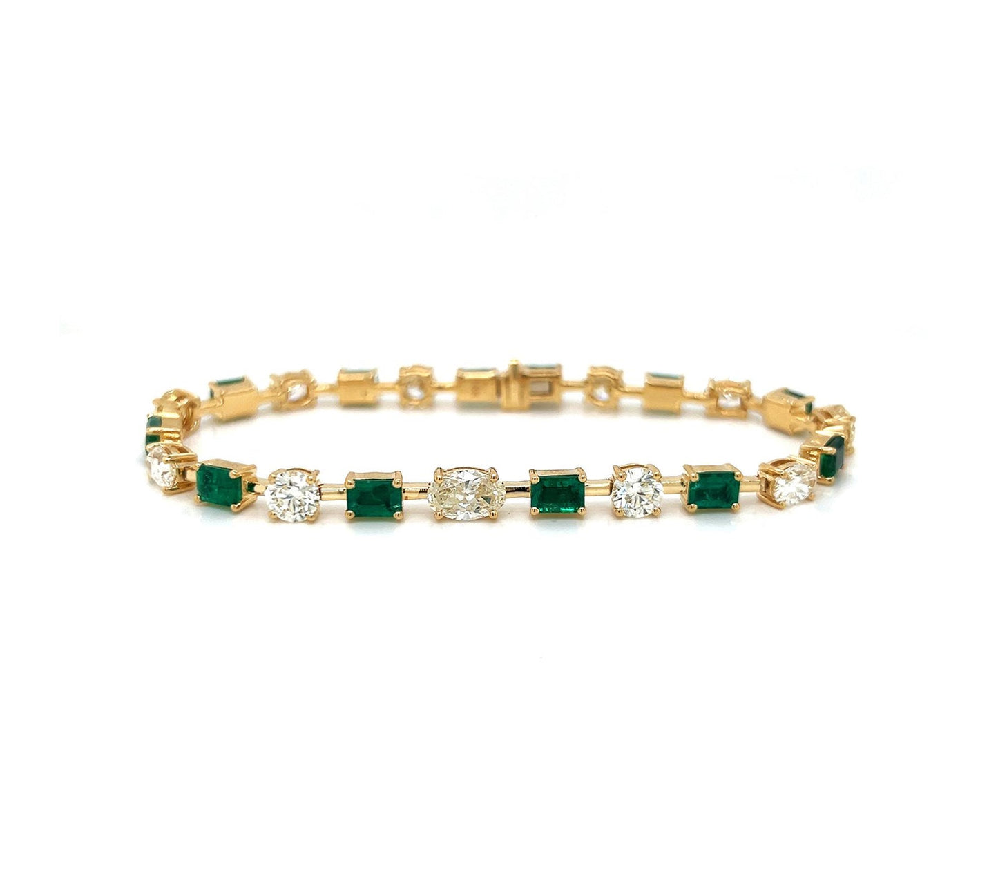 Natural Mined Emerald and Diamond Link Bracelet Yellow Gold