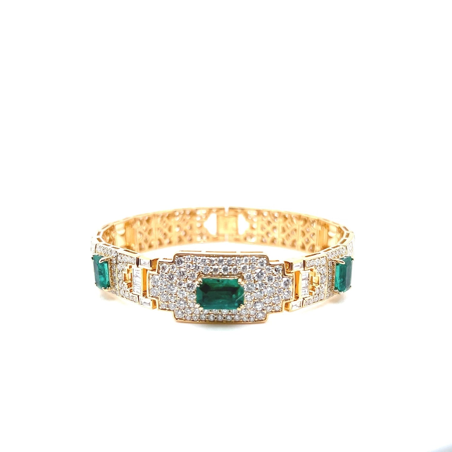 Natural Emerald Diamond Art Deco Cocktail Bracelet, in Yellow Gold