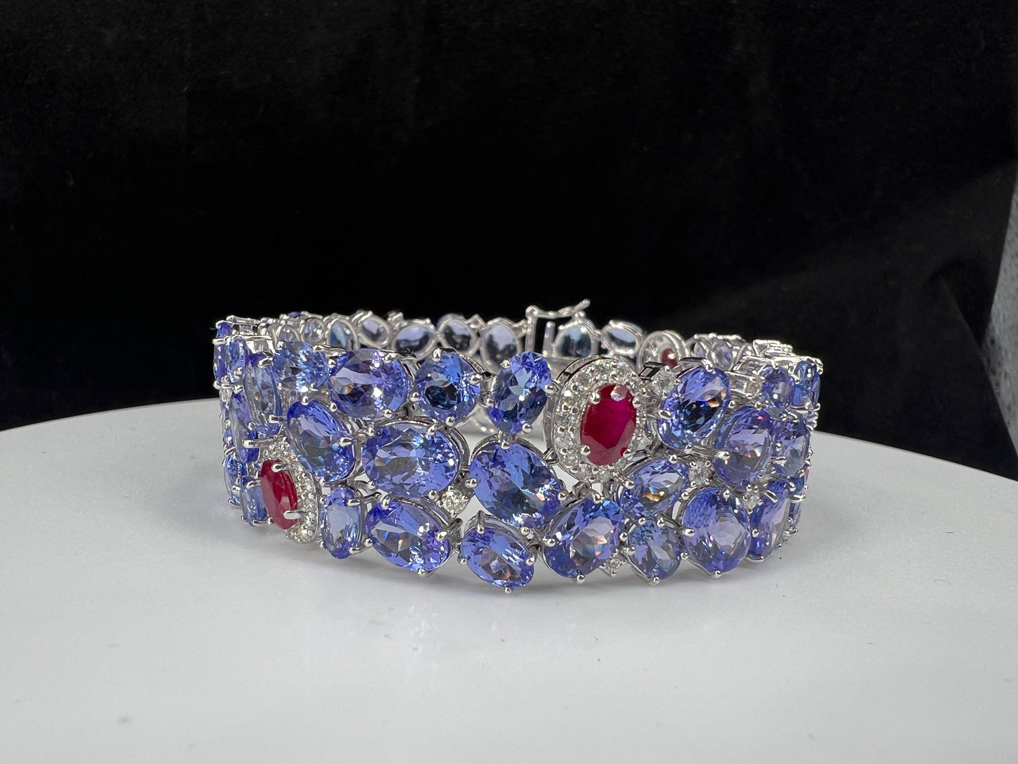 Natural Mined Tanzanite Diamond and Ruby Cocktail Bracelet White Gold