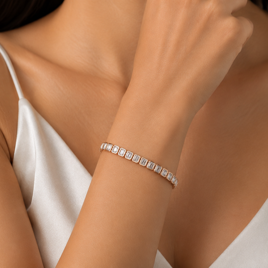 8.08 cttw. Natural Emerald Cut Diamond Tennis Bracelet, in Rose Gold on model