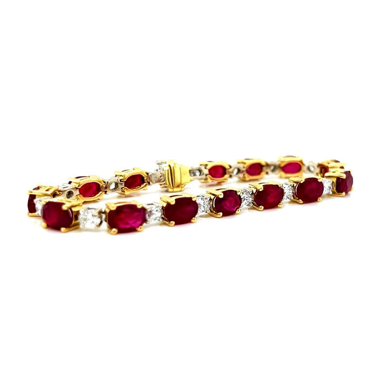 Natural Mined Burma Ruby and Diamond Tennis Bracelet Yellow Gold