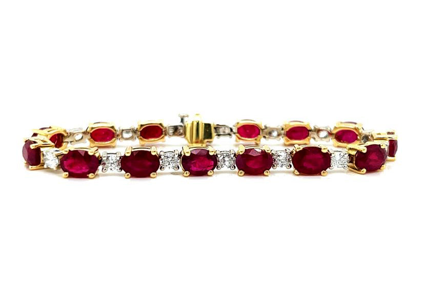 Natural Mined Burma Ruby and Diamond Tennis Bracelet Yellow Gold