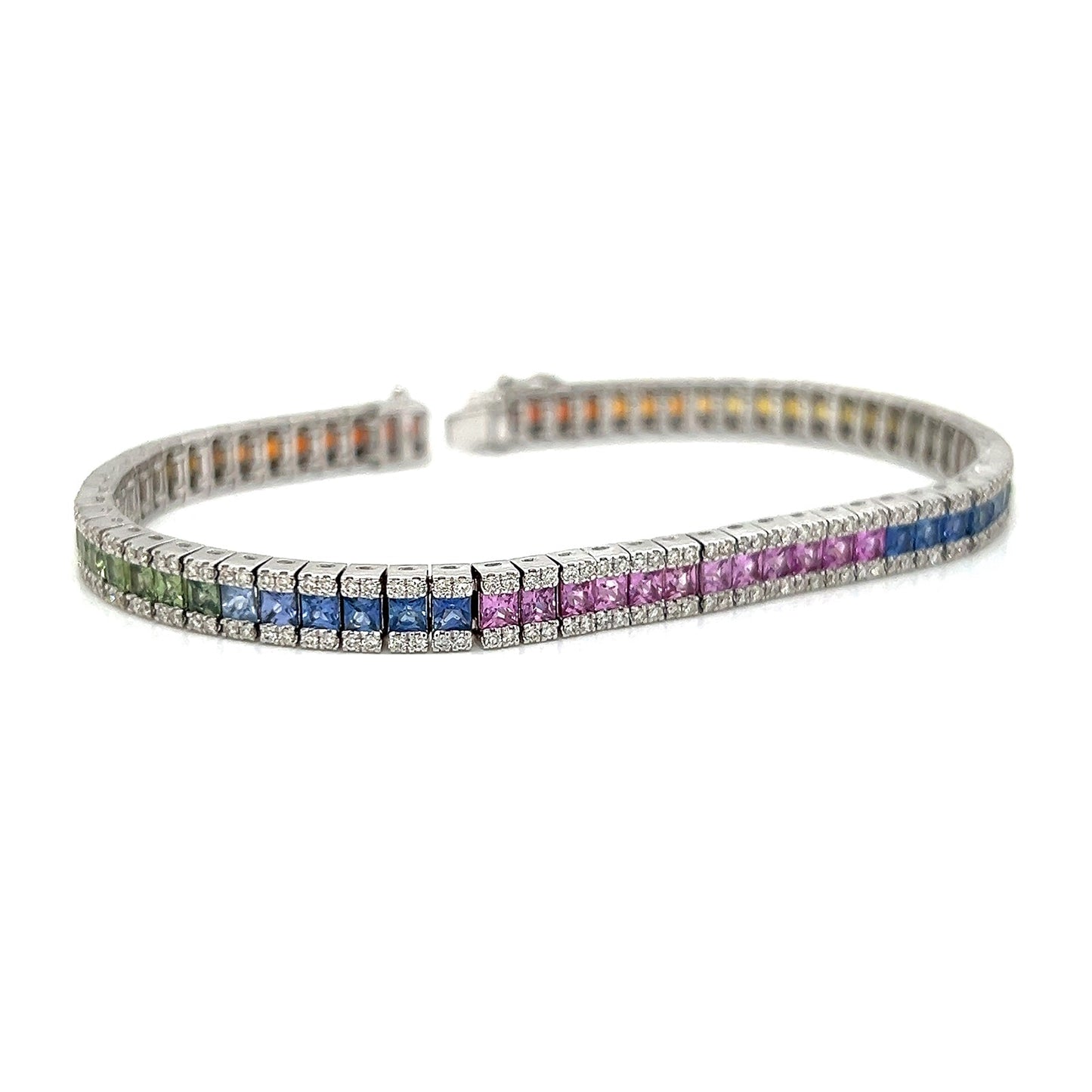 Natural Diamond and Princess Cut Sapphire Bracelet, in White Gold