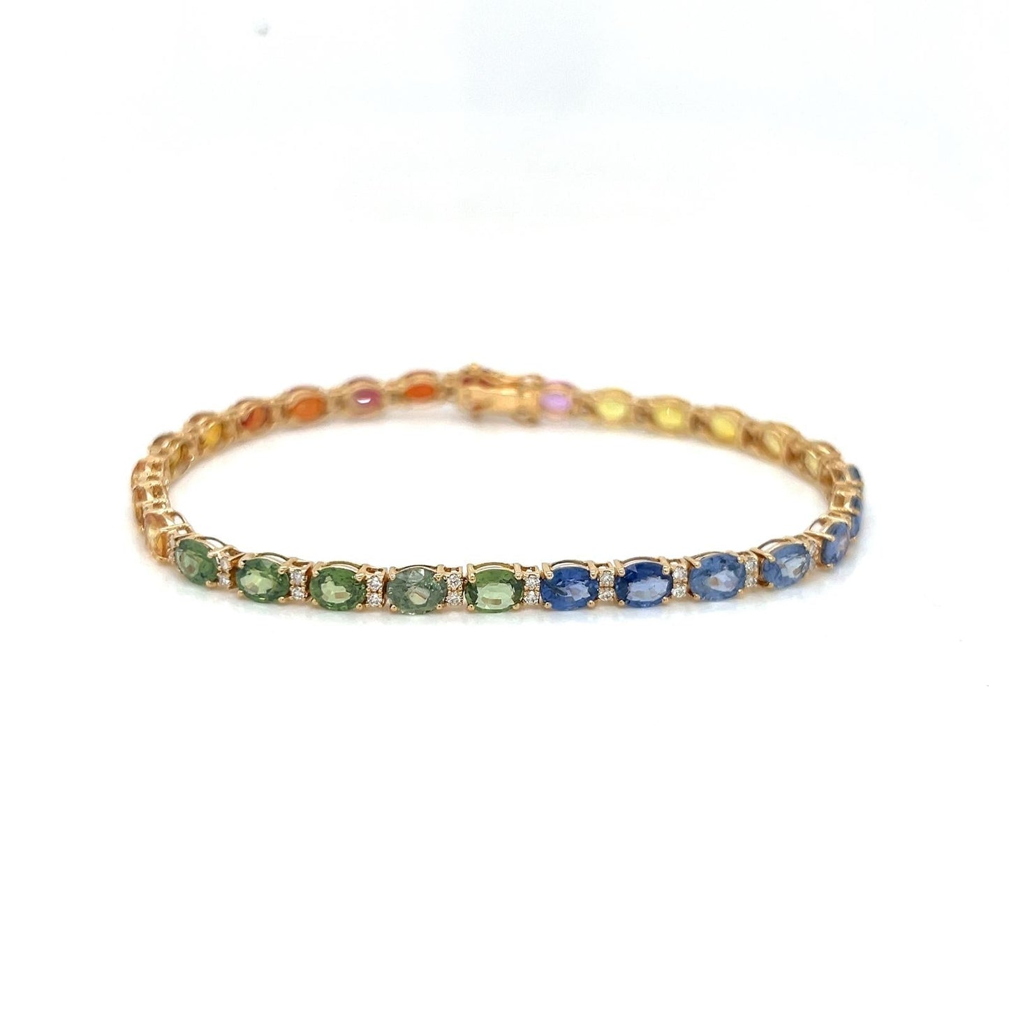 Natural Oval Sapphires Multi-color Rainbow and Diamond Bracelet, in Yellow Gold