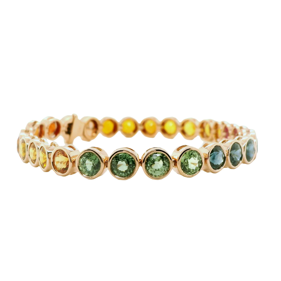 Multi-Colored Rainbow Natural Sapphire Single Line Bezel Bracelet, in Rose Gold