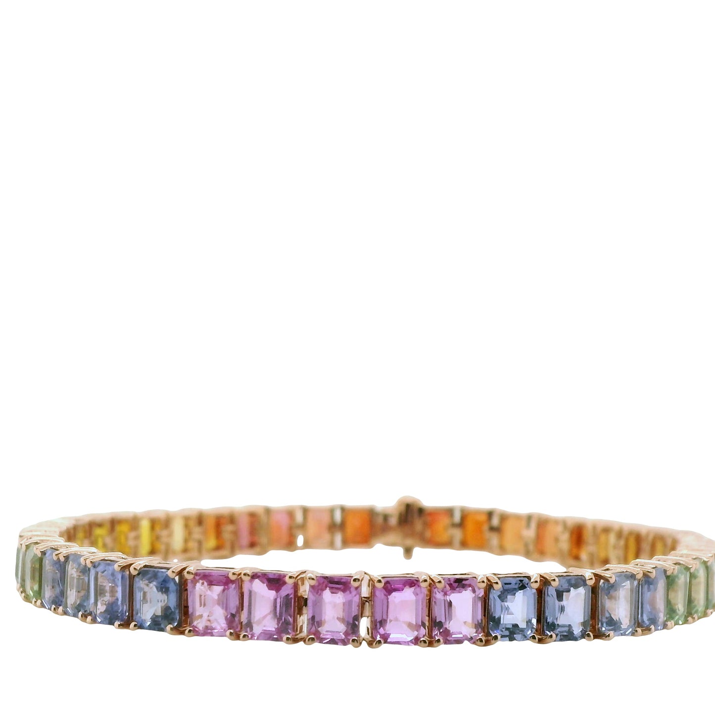 Natural Emerald Cut Multi-Colored Rainbow Sapphire Single Line Bracelet, in Yellow Gold