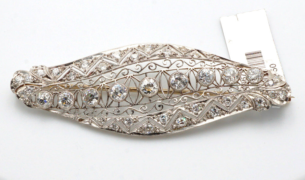 Vintage Cocktail Woman's Brooch Pin with European Cut Natural Diamonds, in Platinum - Pre-owned