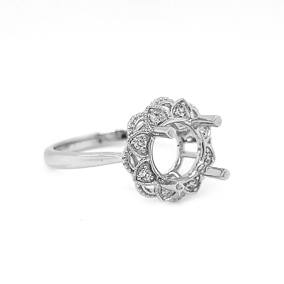 Semi-Mount Fits 7.5 mm with Natural Round Diamond Art Deco Halo Ring, in White Gold