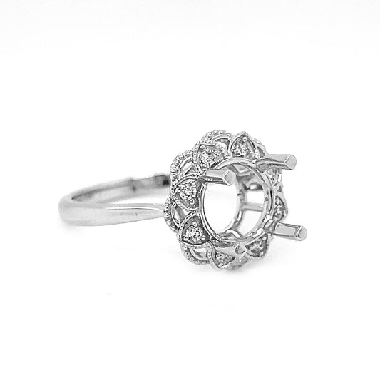 Semi-Mount Fits 7.5 mm with Natural Round Diamond Art Deco Halo Ring, in White Gold