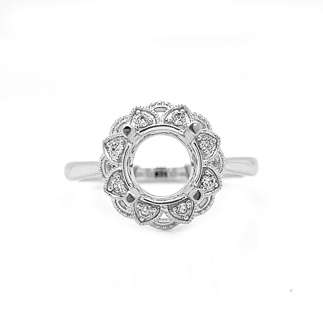 Semi-Mount Fits 7.5 mm with Natural Round Diamond Art Deco Halo Ring, in White Gold