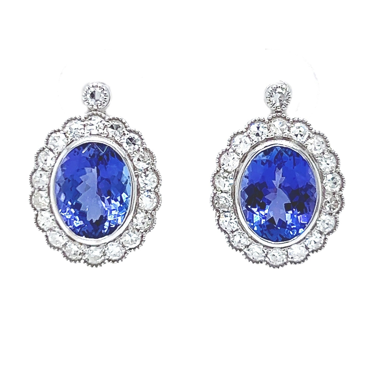 4.32 ct.tw. Natural Tanzanite and Diamond Halo Cocktail Earrings, in White Gold