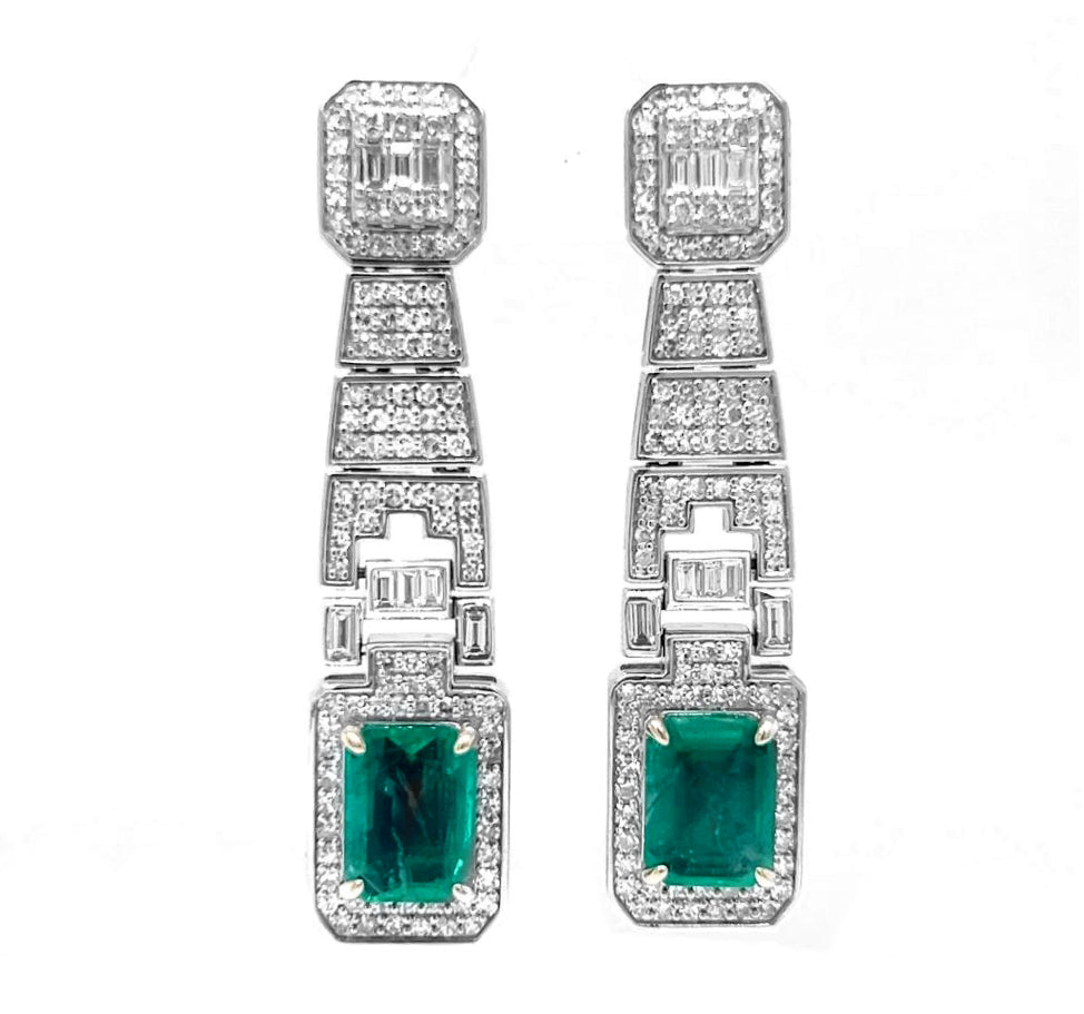 Natural Emerald Cut Green Emerald with Diamond Halo Cocktail Drop Earrings, in White Gold