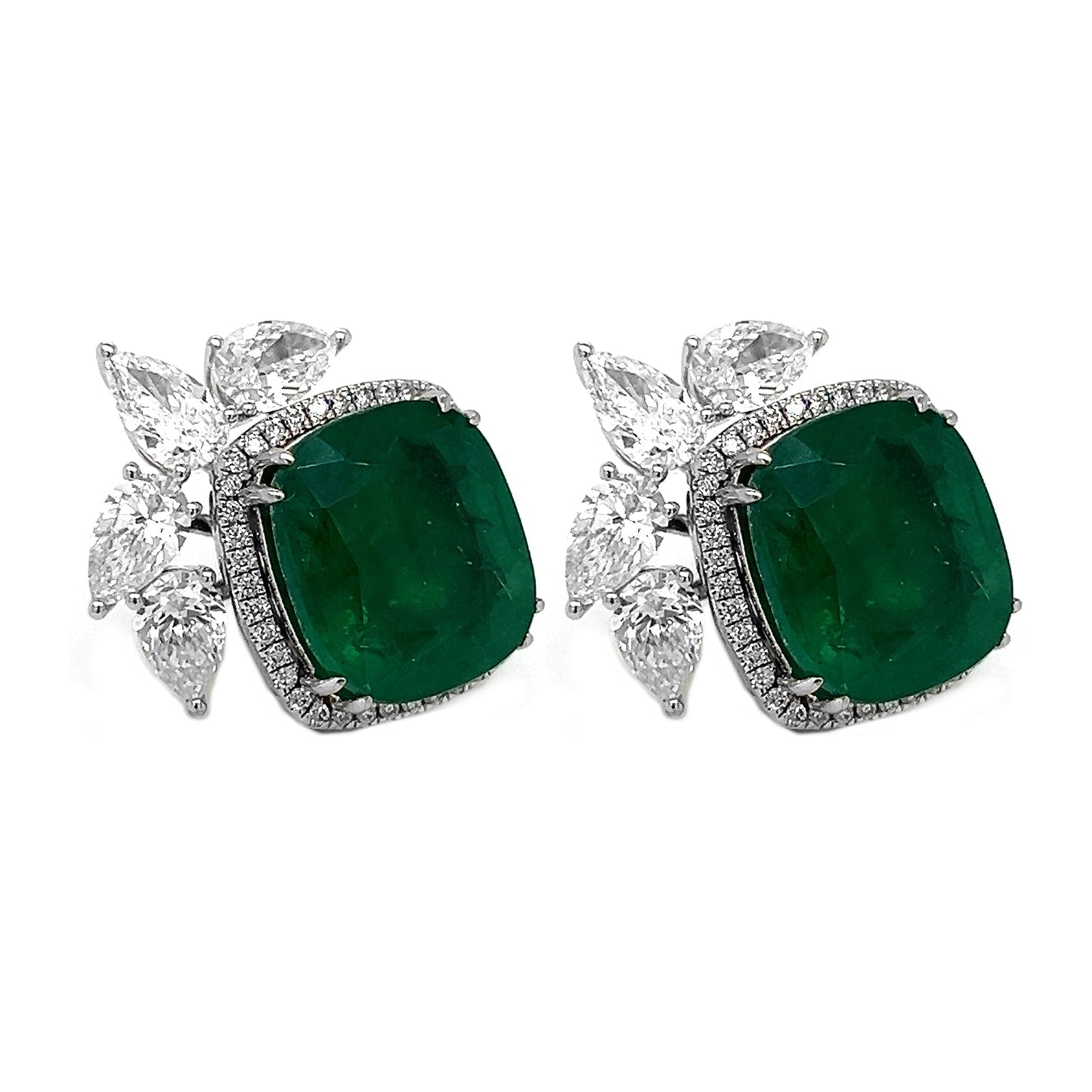 Natural Green Emerald Cushion Cut and Diamond Convertible Halo Earrings, in White Gold