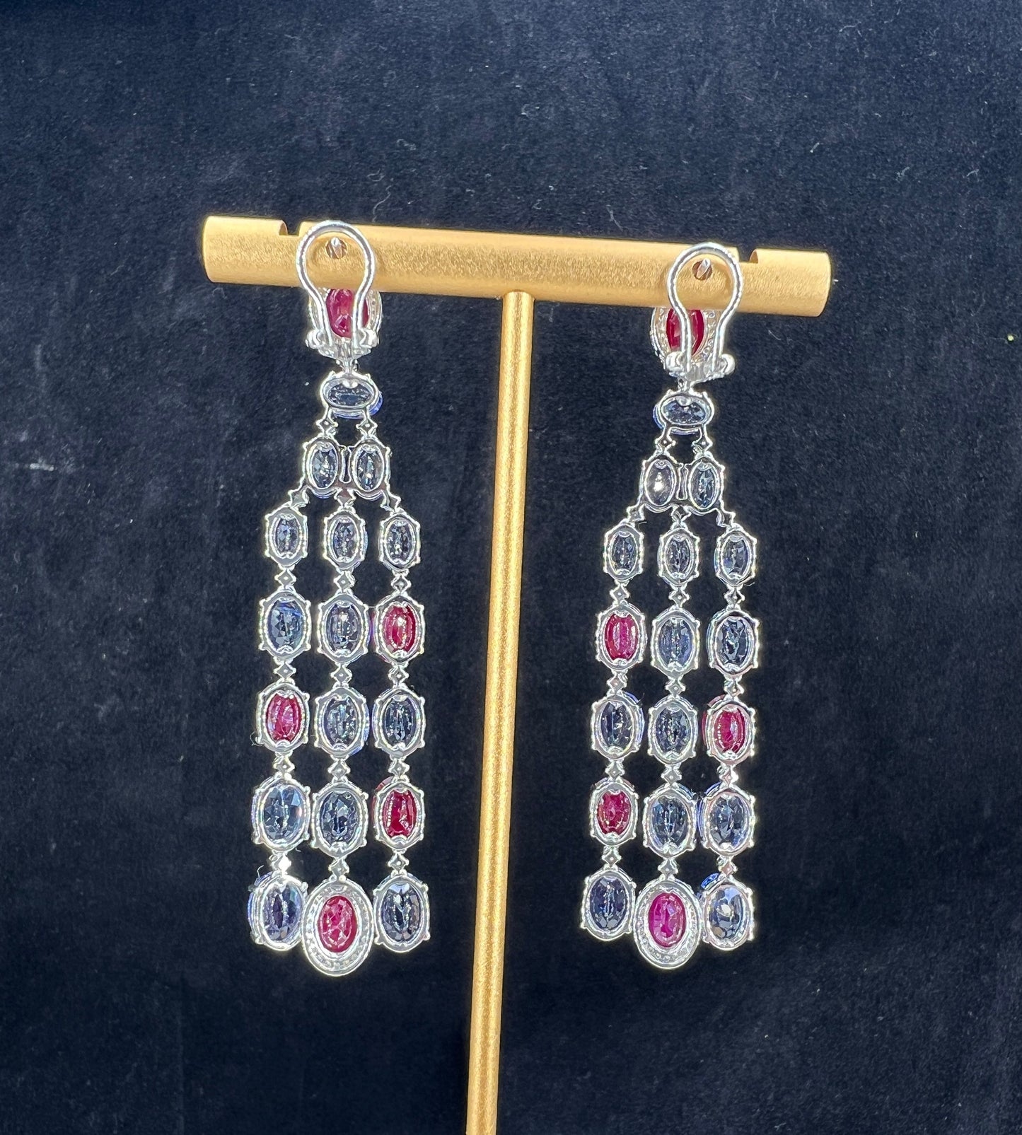 Natural Mined Tanzanite, Rubies and Diamond Dangle Cocktail Earrings White Gold