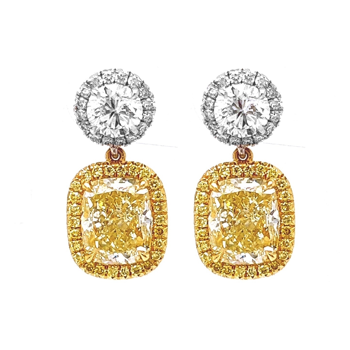 Natural Fancy Yellow Cushion Cut Diamond Halo Cocktail Earrings, in White Gol