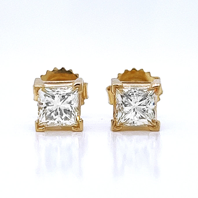 1.51 ct.tw. Natural Princess Diamond Stud Earrings, in Yellow Gold