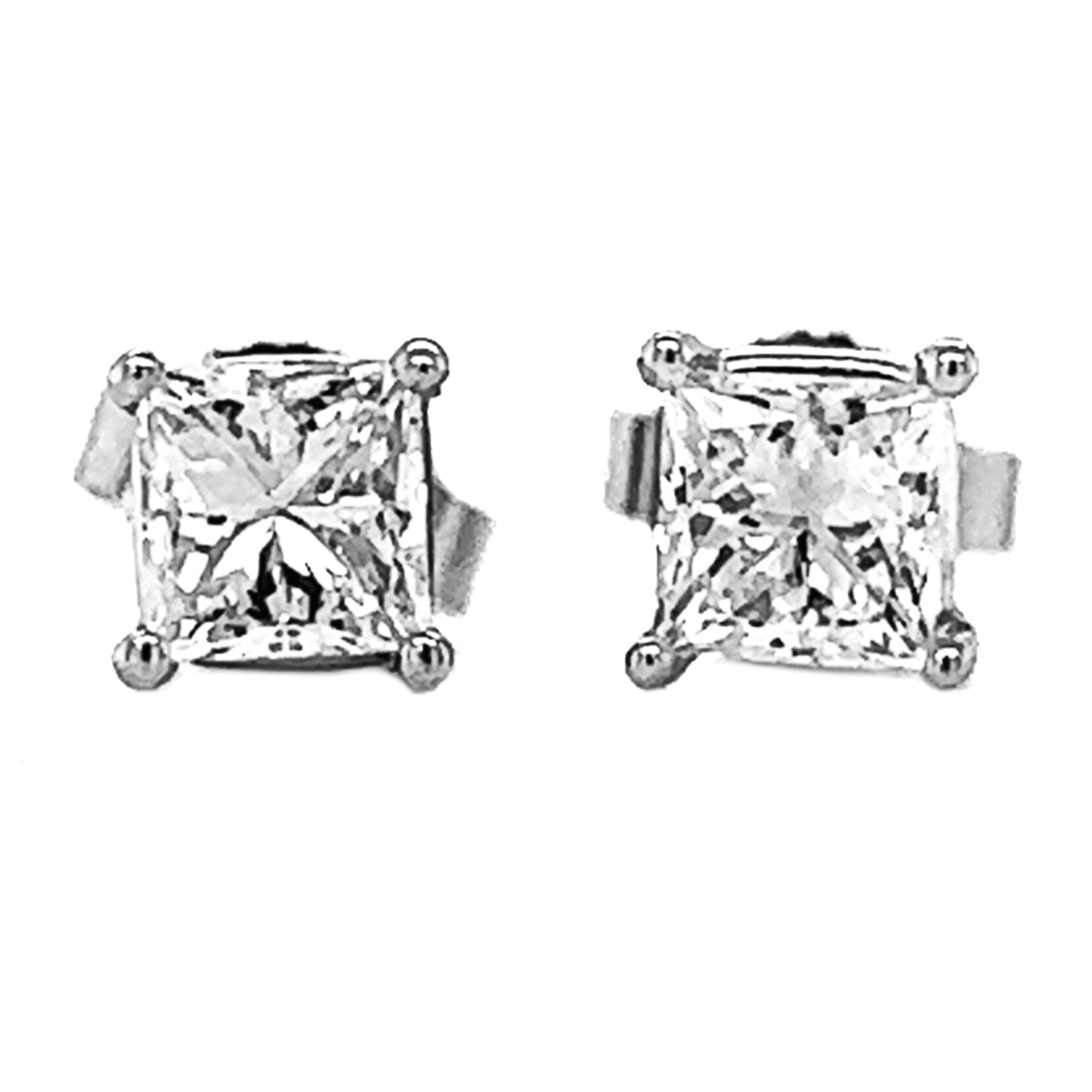 Natural Princess Cut Diamond Stud Earrings, in White Gold