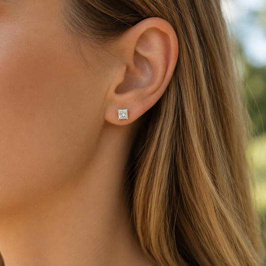 Natural Princess Cut Diamond Stud Earrings, in White Gold