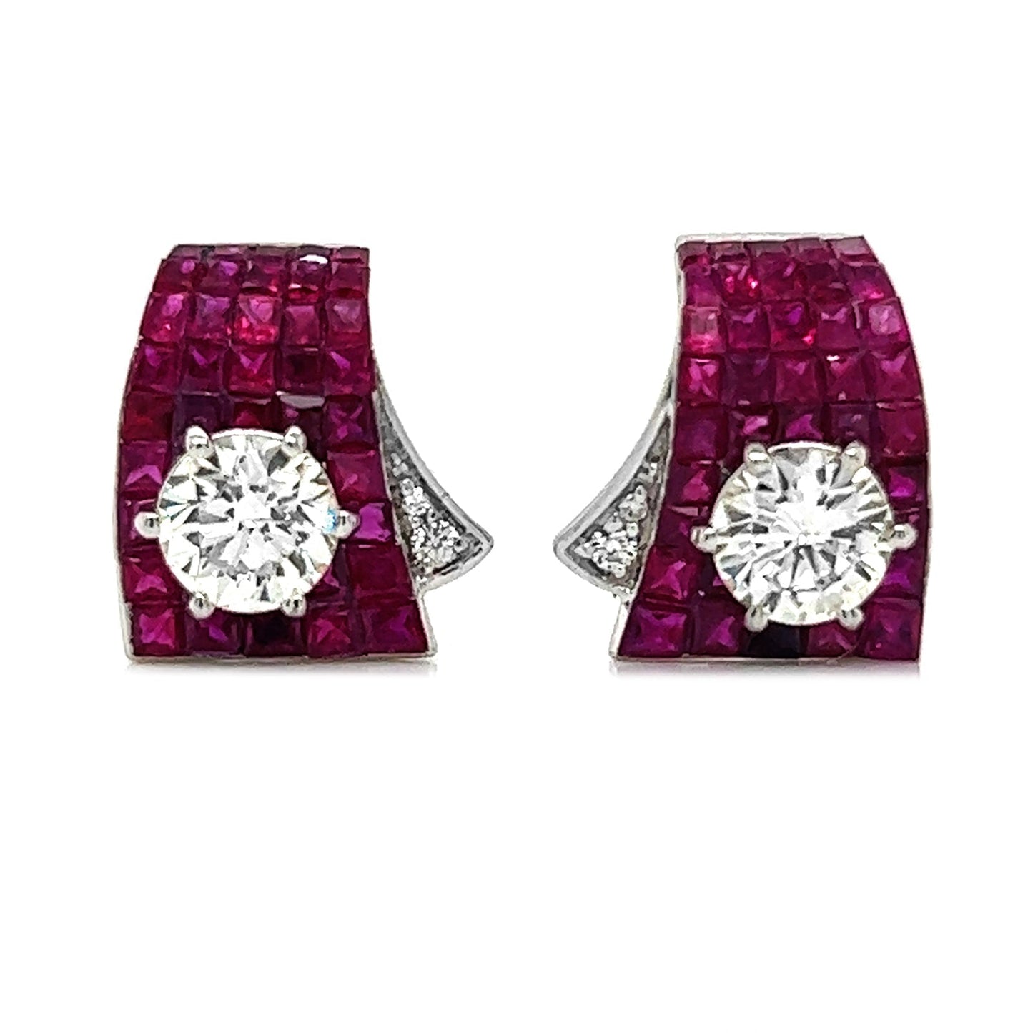 1.60 ct.tw. Natural Diamond and Rubies Halo Cocktail Earrings, in White Gold