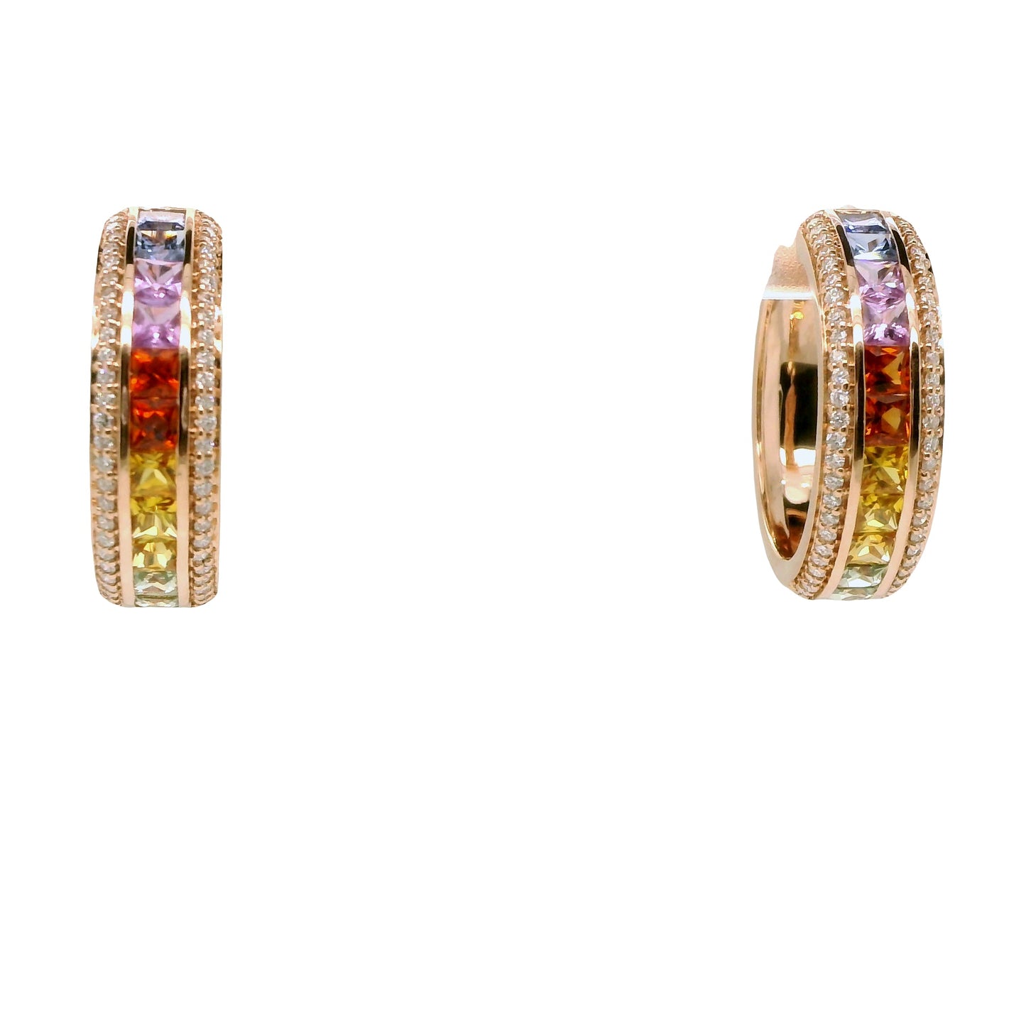 Natural Rainbow Sapphires and Diamond Hoops Cocktail Earrings, in Rose Gold