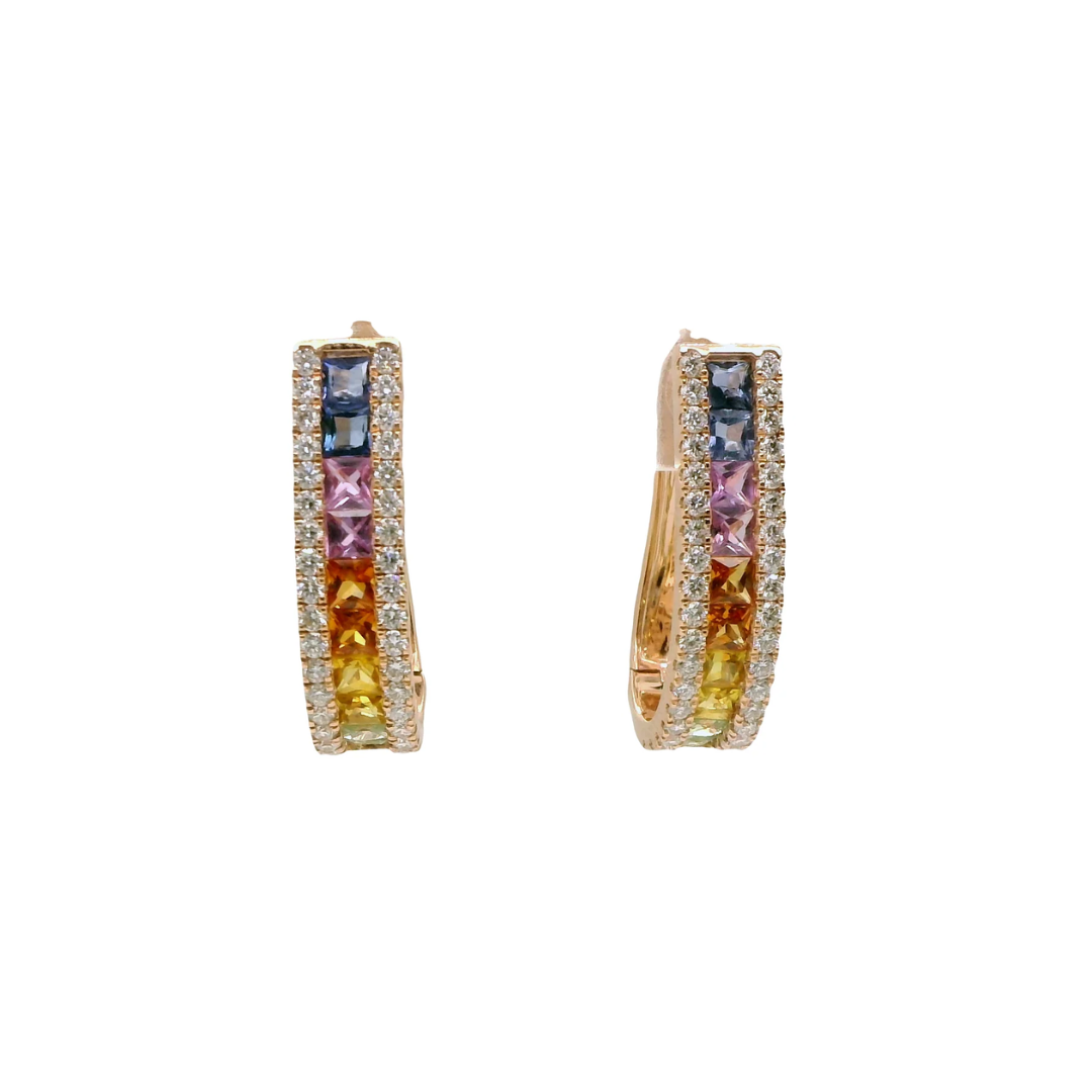 Natural Rainbow Sapphire and Diamonds Hoops Earrings, in Rose Gold