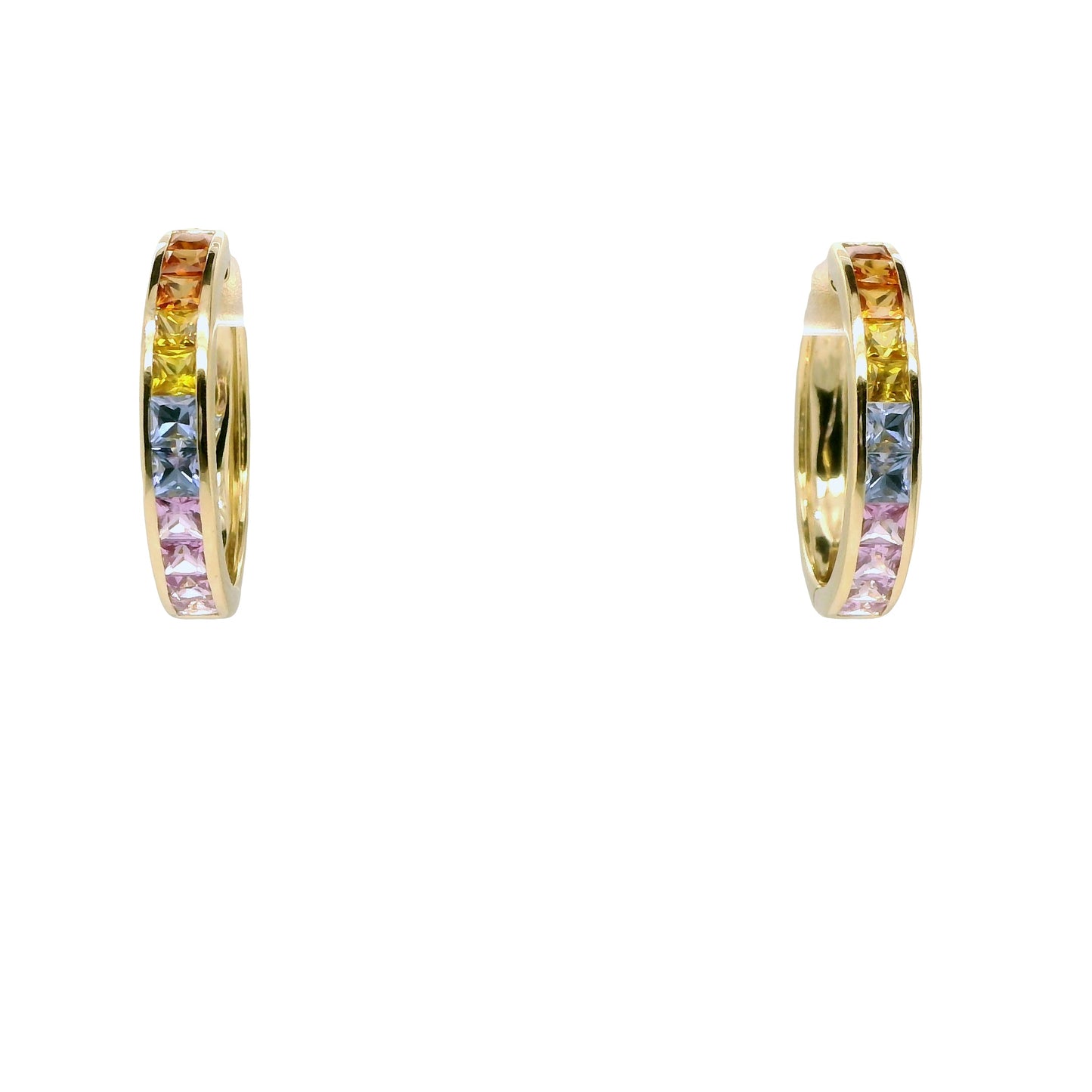 Multi-Colored Rainbow Natural Sapphires and Diamonds Hoops Earrings, in Yellow Gold