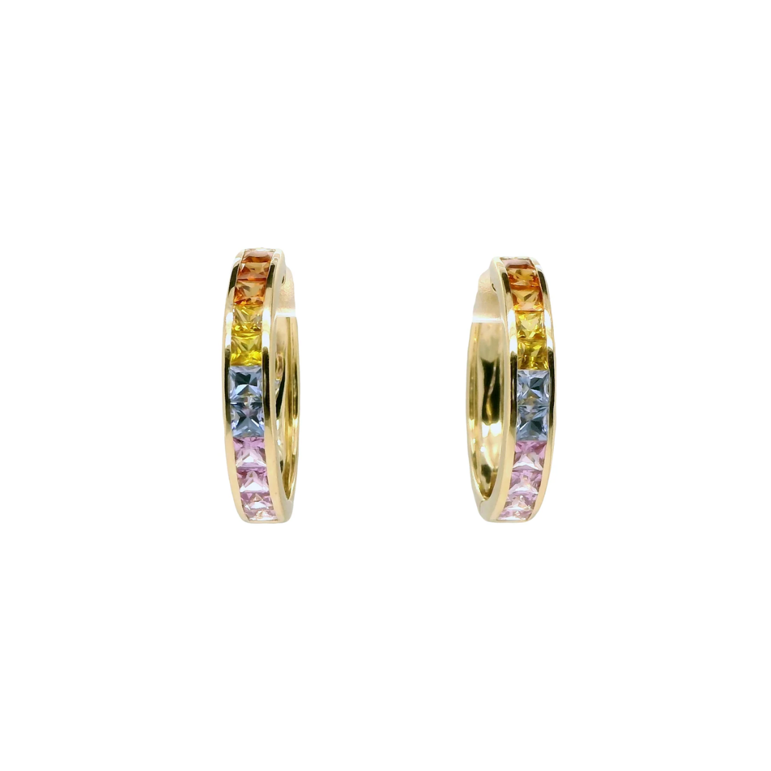 Multi-Colored Rainbow Natural Sapphires and Diamonds Hoops Earrings, in Yellow Gold