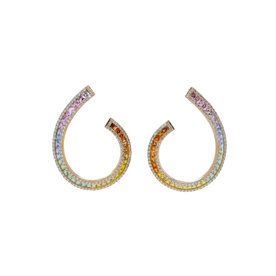 Multi-Colored Rainbow Natural Sapphires and Diamonds Cocktail Hoops Earrings, in Rose Gold