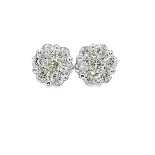 2 ct.t.w. Natural Diamond Flower Shape Cluster Earrings in White Gold - Preowned