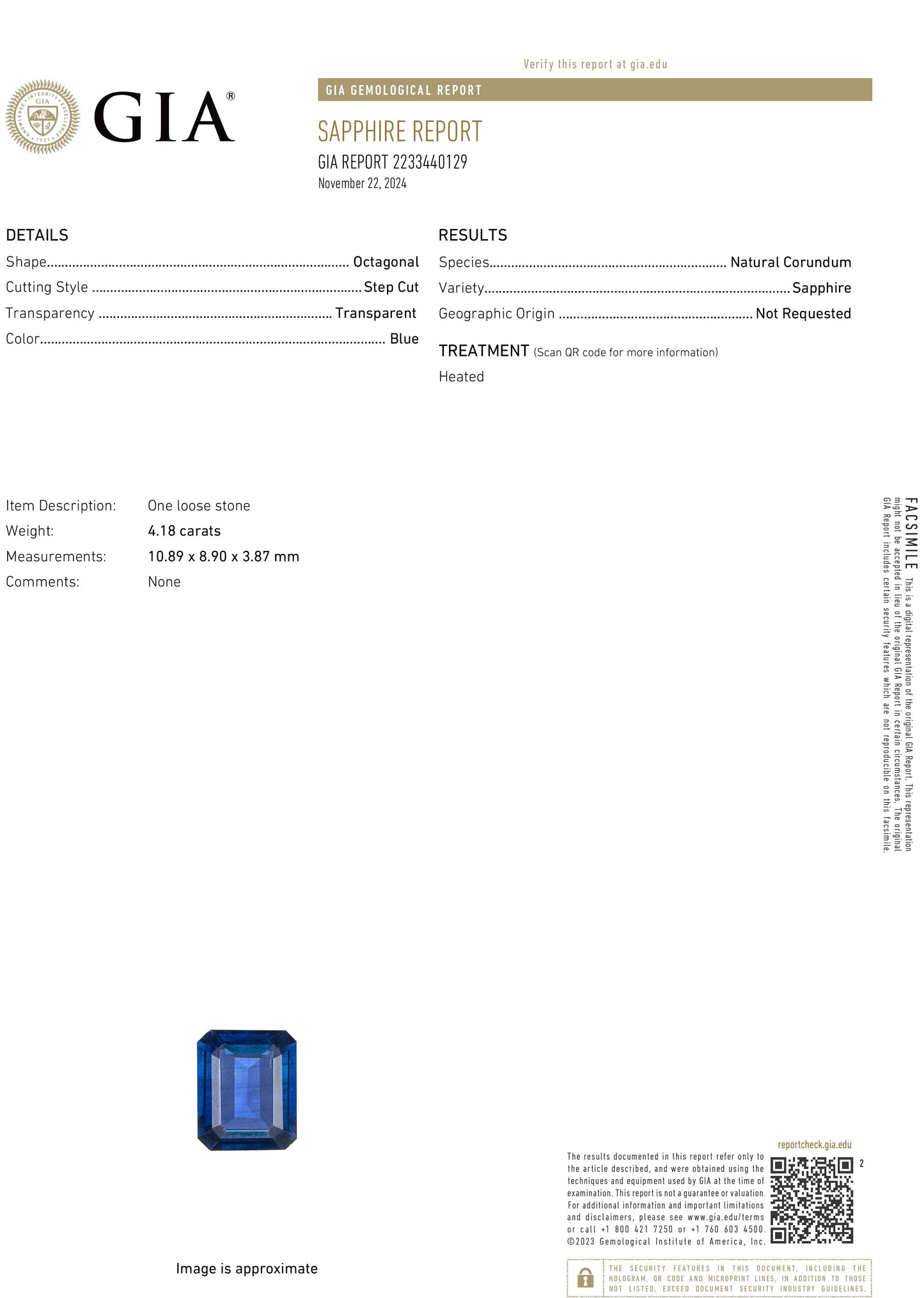 4.18 Carat Emerald Shaped Blue Sapphire (GIA) 2233440129