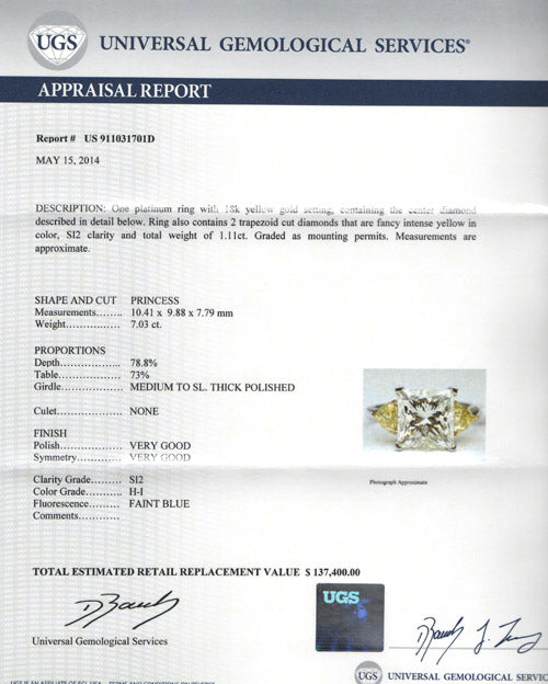 Natural Princess Cut Diamond with Triangle Cut Fancy Yellow 3 Stone Ring, in White Gold - Pre-owned