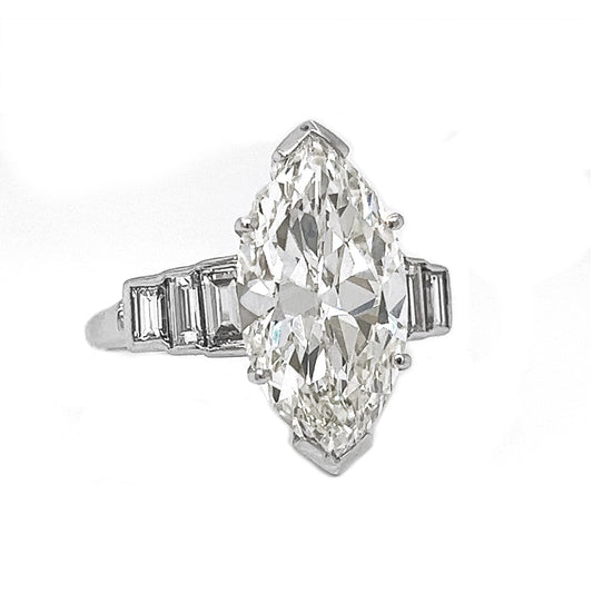 Natural Marquise and Baguette Diamond Bridal Platinum Ring - Pre-owned