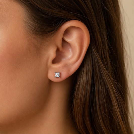 Natural Diamond Princess Cut Stud Earrings, in White Gold