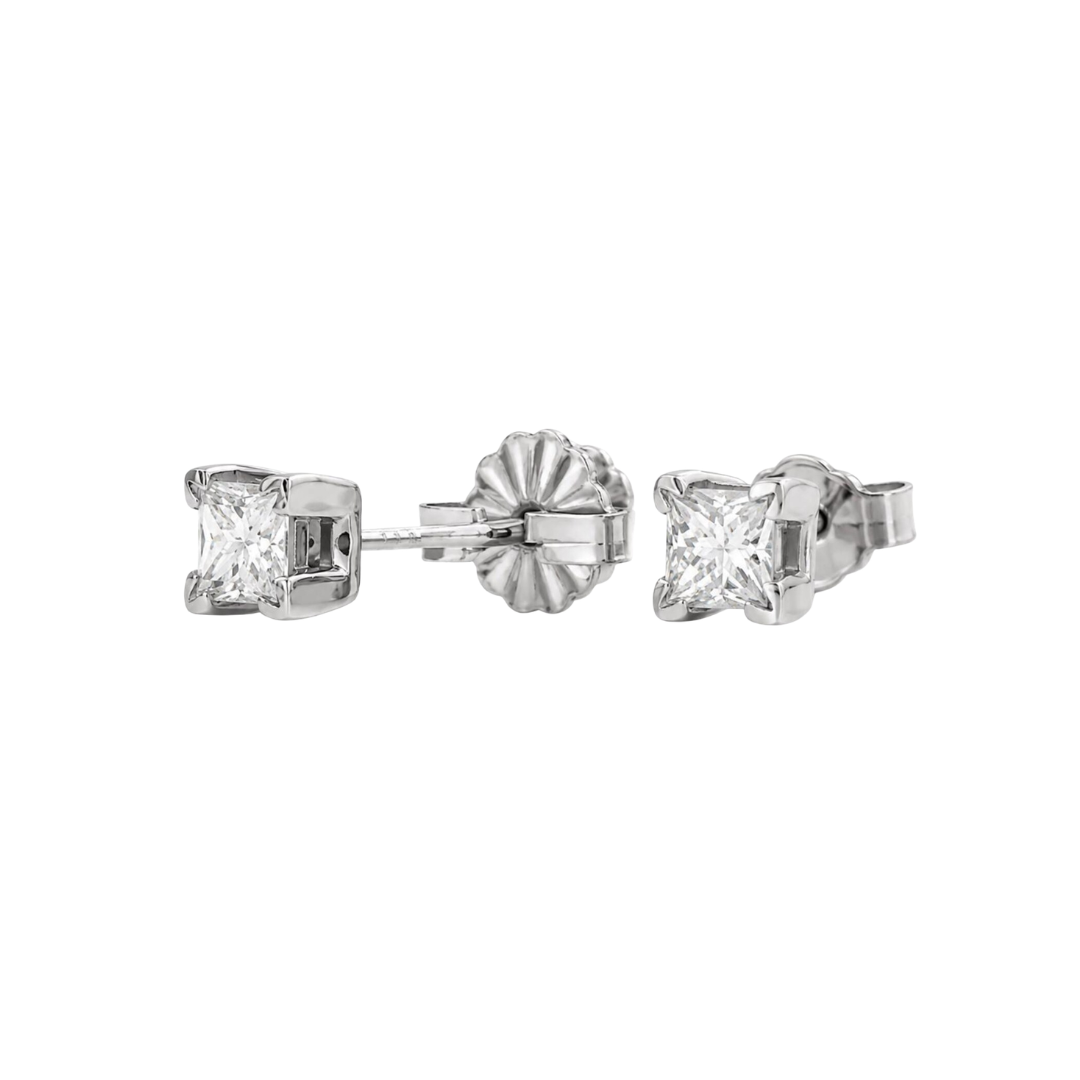Natural Diamond Princess Cut Stud Earrings, in White Gold