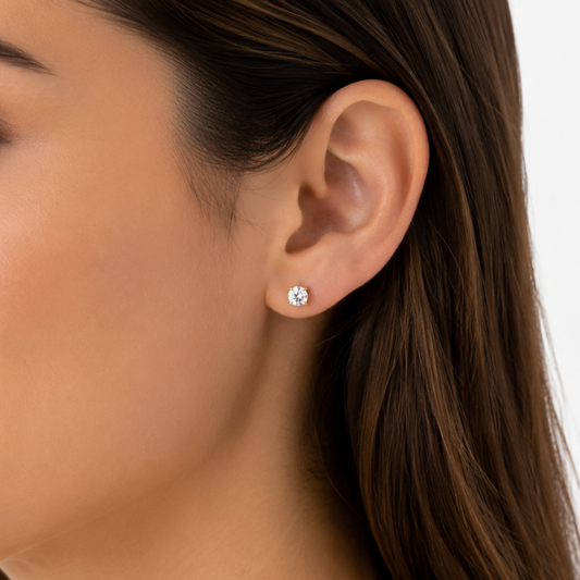 Close-up of an ear wearing a diamond stud earring on a white background