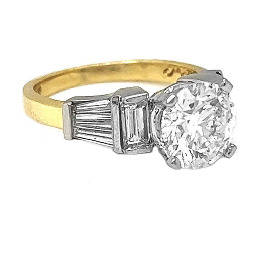Natural Round and Baguette Cut Diamond Bridal Ring Yellow Gold GIA