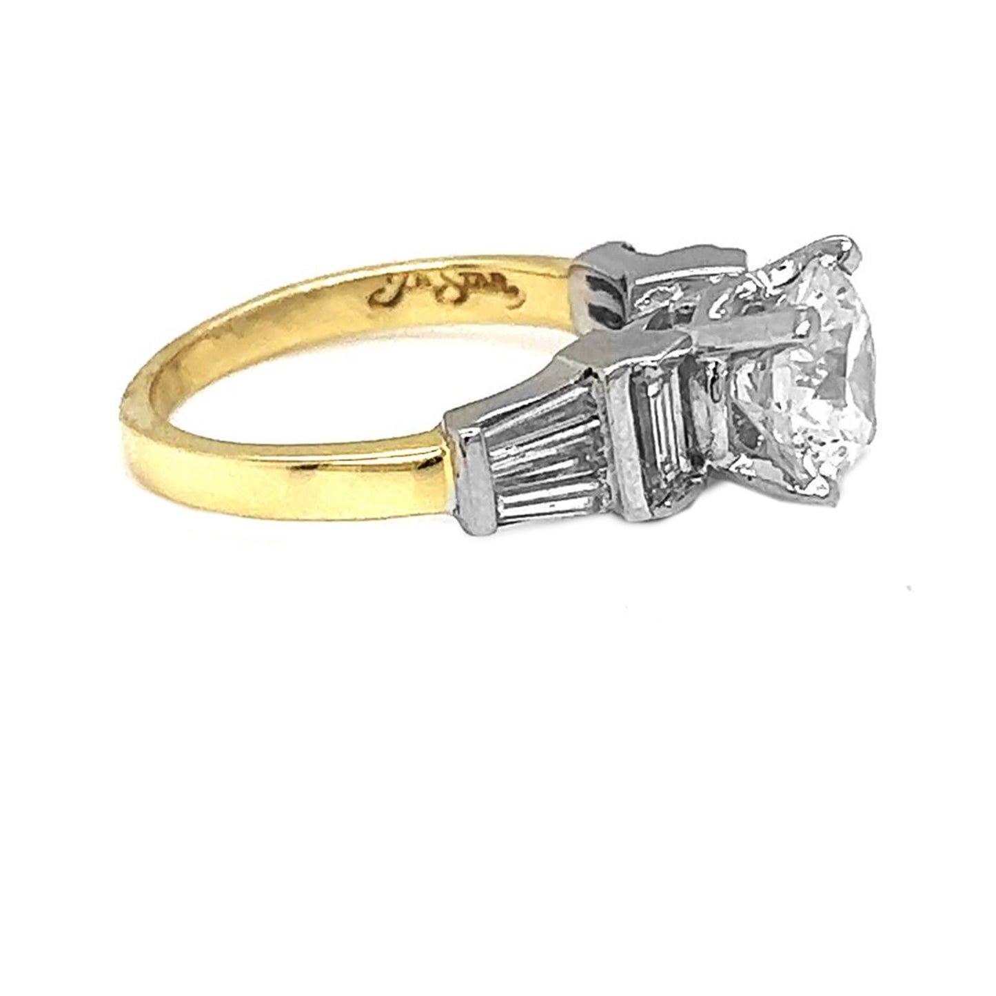 Natural Round and Baguette Cut Diamond Bridal Ring Yellow Gold GIA