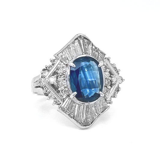 Natural Blue Sapphire and Diamond Cluster Cocktail Platinum Ring