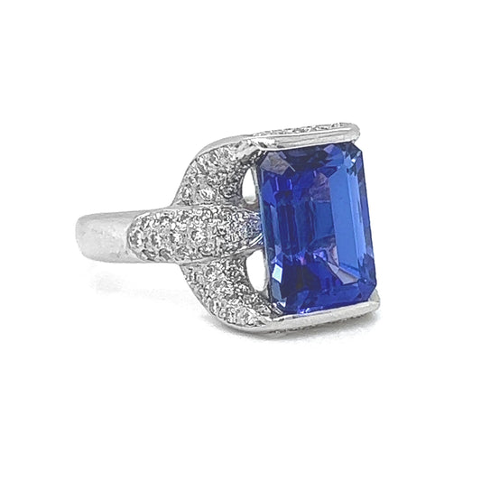 Natural Radiant Tanzanite and Diamond Halo Cocktail Platinum Ring