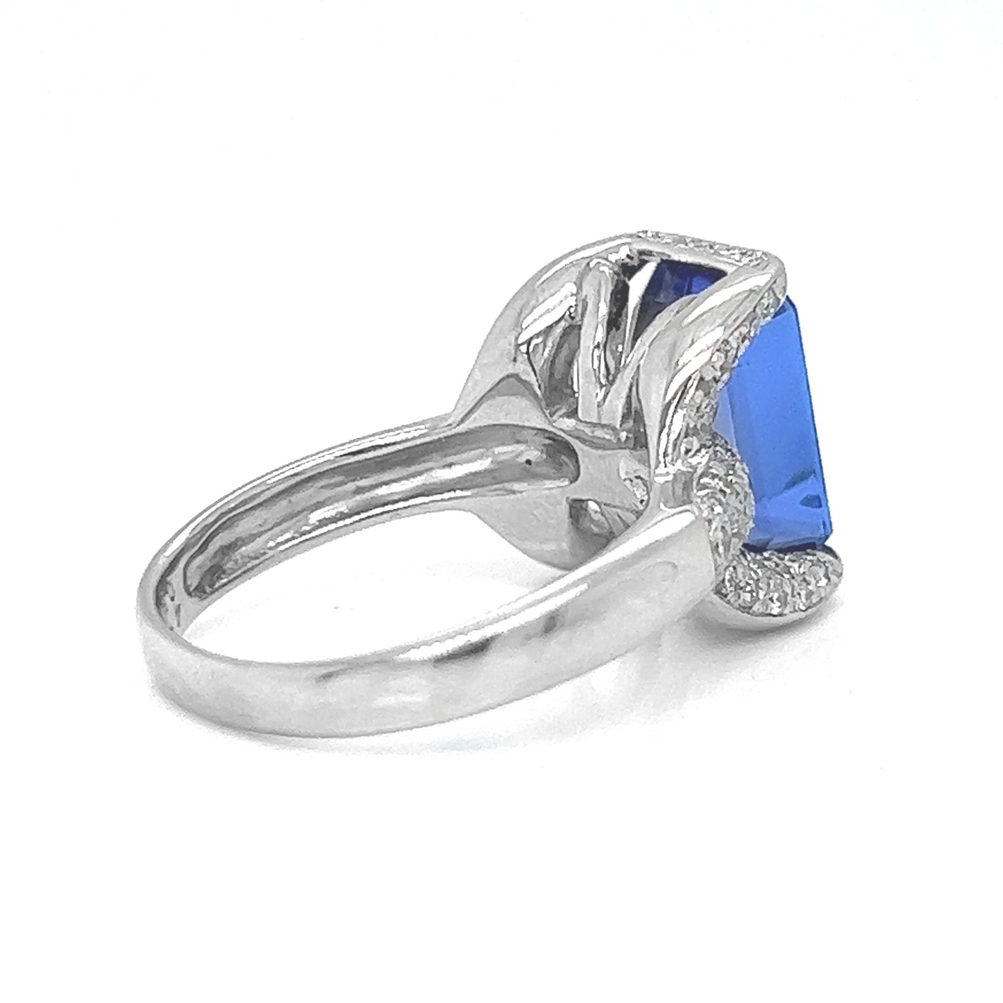 Natural Radiant Tanzanite and Diamond Halo Cocktail Platinum Ring