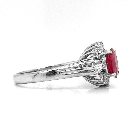 Natural Round Ruby and Diamond Cluster Art Deco Halo Platinum Ring