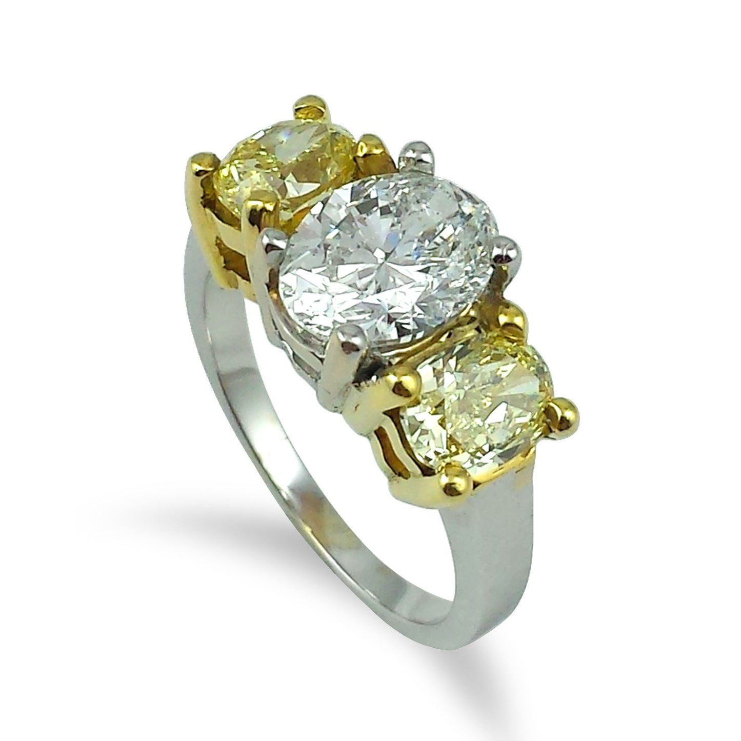 Natural Oval Cut Fancy Intense Yellow Diamond 3 Stone Ring, in White Gold