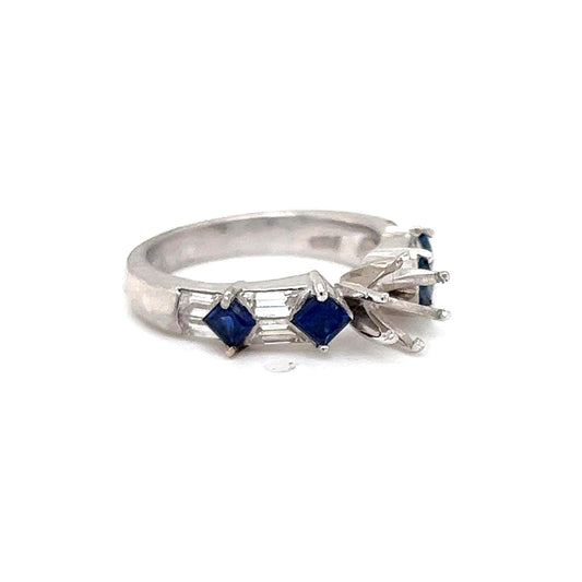 Semi-Mount Bridal Ring with Natural Diamond and Blue Sapphire in Platinum - Pre-owned