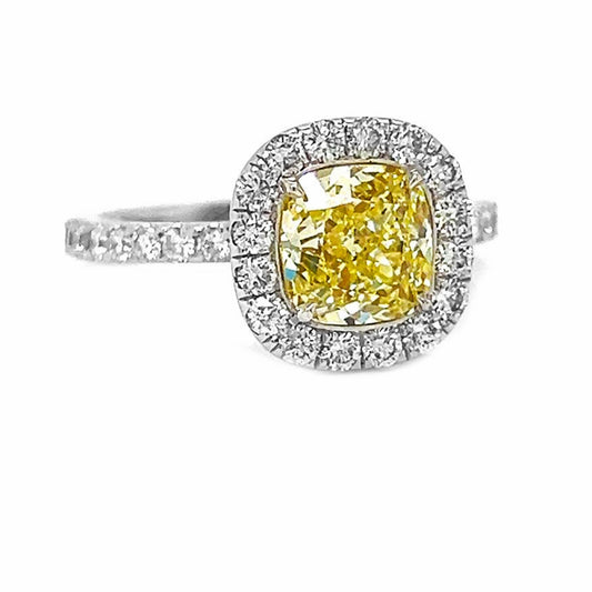 Natural Fancy Yellow Diamond Halo Bridal Ring, in White Gold