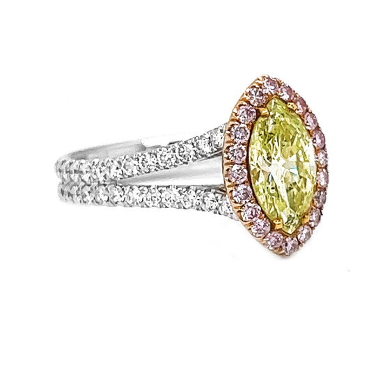 Natural Fancy Color Green-Yellow with Pink Diamond Halo Bridal Ring, in White Gold